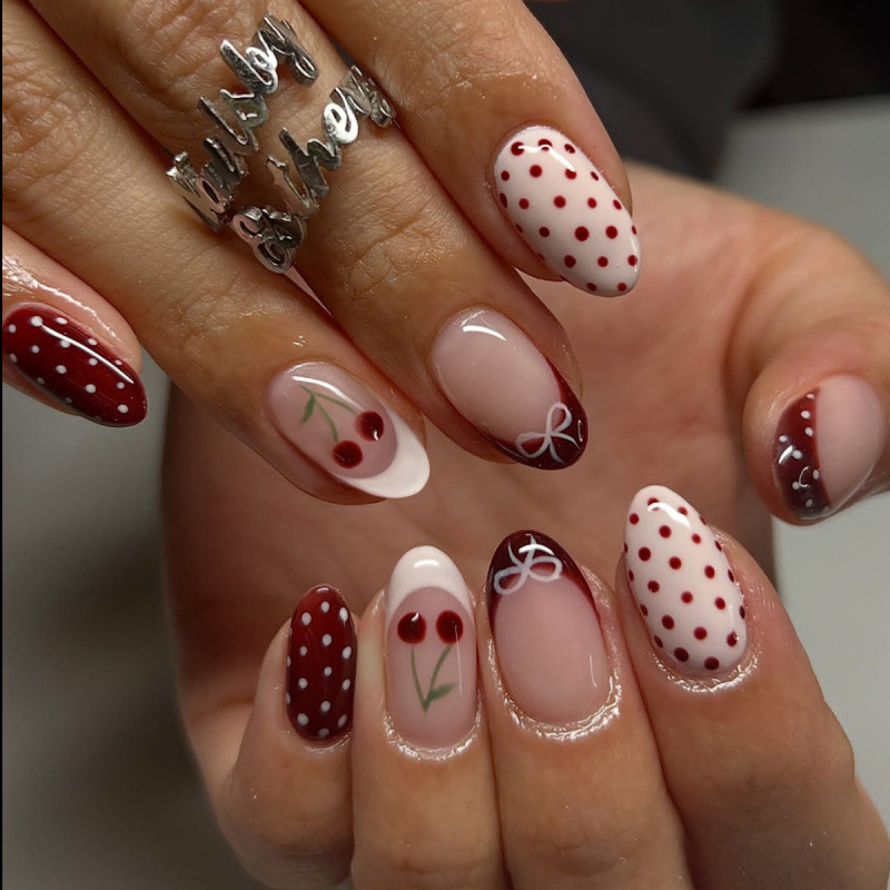 Nail Art Red Cherry - 24 Uñas Postizas Francesas Rojas de