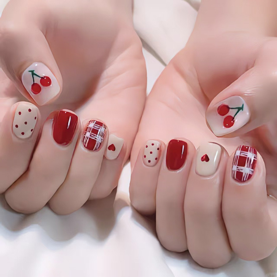 Uñas postizas cortas cuadradas - Nail Art Red Cherry reseña y precio